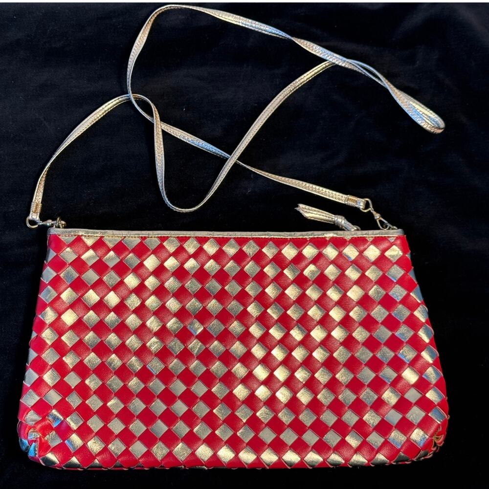 Vintage Sharif Woven Leather Clutch Shoulder Bag Red Gold Metallic A+ Condition
